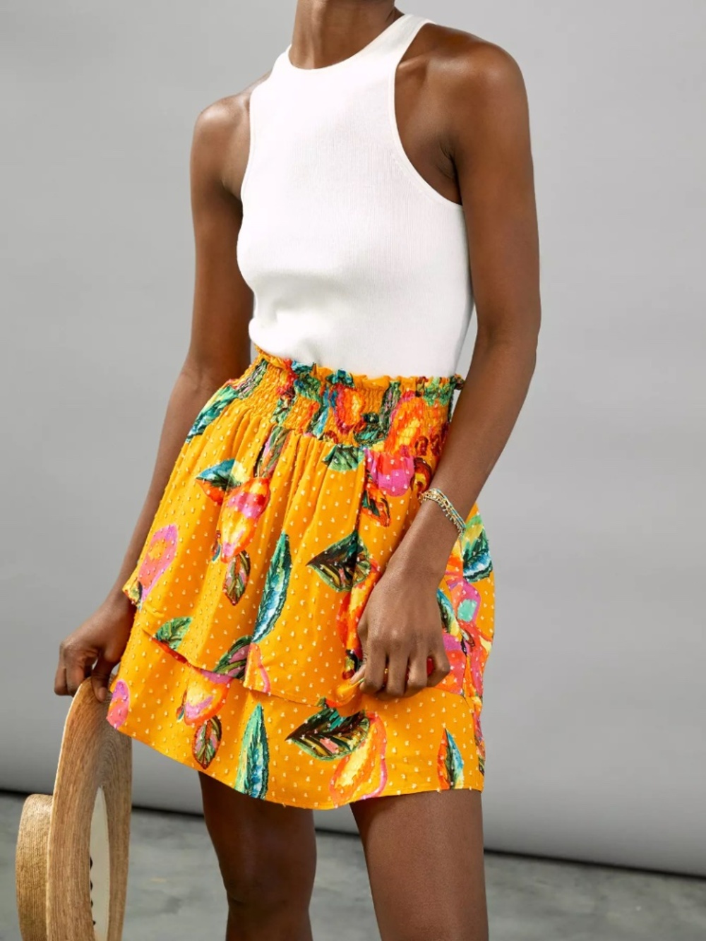 FARM Rio x Anthropologie Savana Fruit Print Smocked Tiered Mini Skirt XS Boho